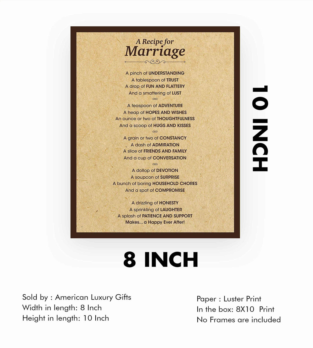 A Recipe for Marriage -Cute, Romantic Love Poem -8 x 10" Inspirational Wall Art Print-Ready to Frame. Perfect Decor for Home-Kitchen-Bridal Shower. Great Engagement-Wedding-Anniversary Gift!