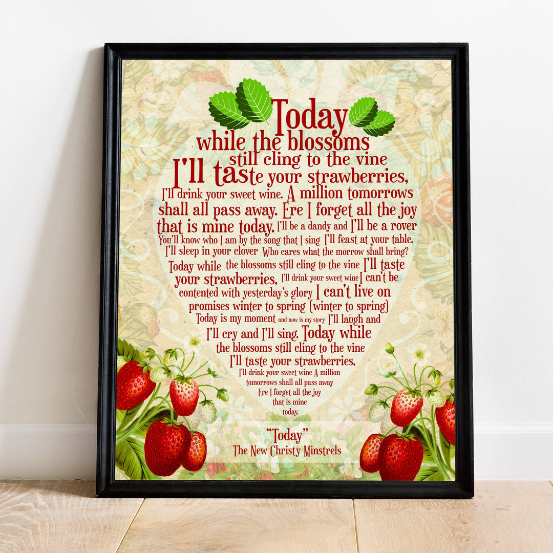 The New Christy Minstrels-"Today" Song Lyric Wall Art-11 x 14" Rustic Music Print-Ready to Frame. Typographic Strawberries Design. Home-Studio-Bar-Cave Decor. Great Gift for All Folk Music Fans!