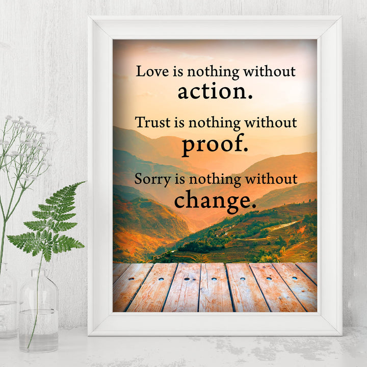 Love Is Nothing Without Action-Inspirational Life Quotes Wall Art -8x10" Mountain Sunset Photo Print-Ready to Frame. Motivational Home-Office-Cabin-Lodge Decor. Great Reminder-Gift for Inspiration!