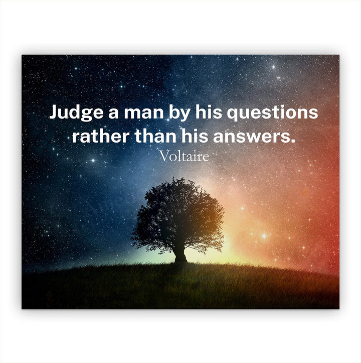 Voltaire Quotes Wall Art-"Judge A Man By His Questions"-10x8" Starry Night Typographic Print-Ready to Frame. Inspirational Home-Office-Classroom-Library Decor. Great Gift of Philosophy &amp; Inspiration!