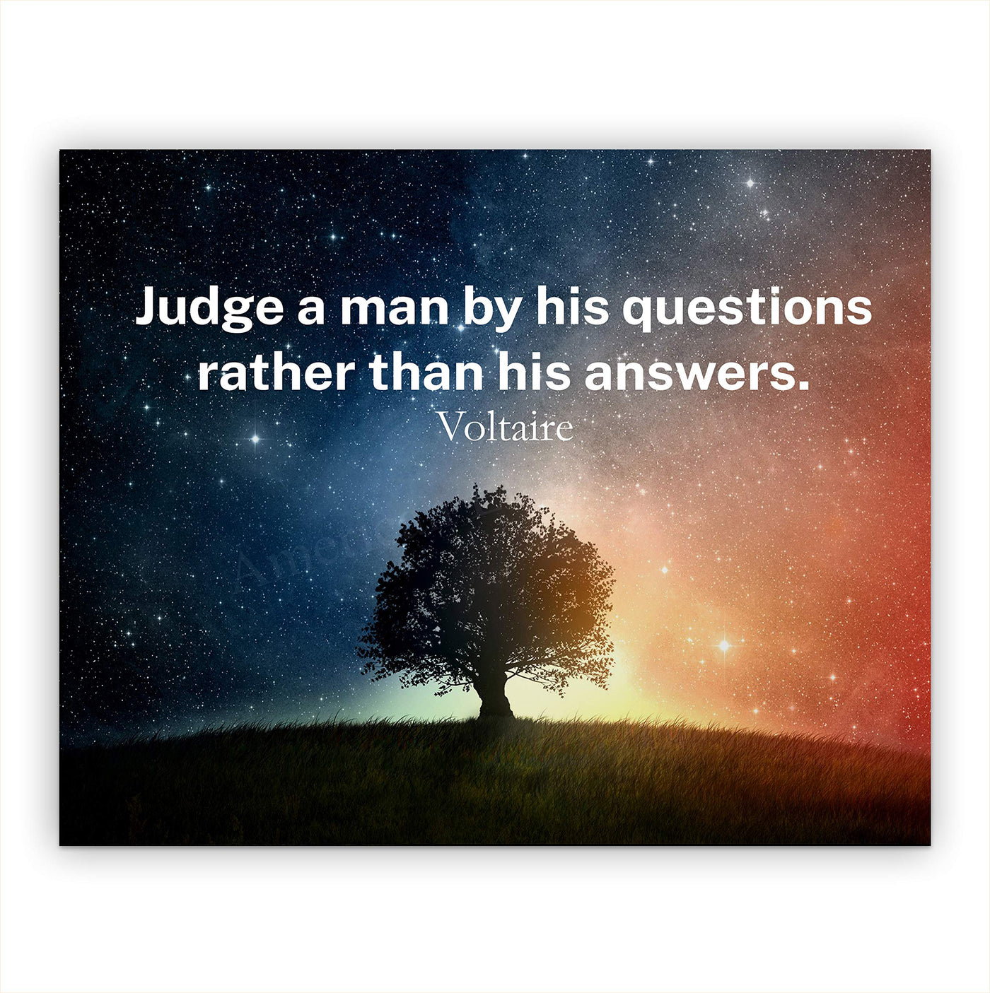 Voltaire Quotes Wall Art-"Judge A Man By His Questions"-10x8" Starry Night Typographic Print-Ready to Frame. Inspirational Home-Office-Classroom-Library Decor. Great Gift of Philosophy & Inspiration!