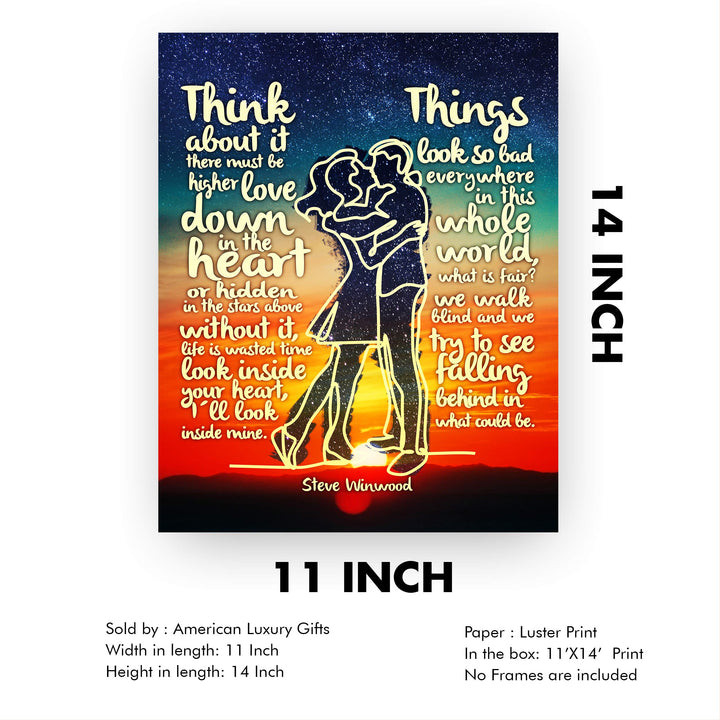 Steve Winwood-"Higher Love"-Greatest Hits Wall Sign-11 x 14" Song Lyric Art Poster Print-Ready to Frame. Retro Decor for Home-Studio-Bar-Dorm-Cave. Great Gift for All Classic Rock Music Fans!