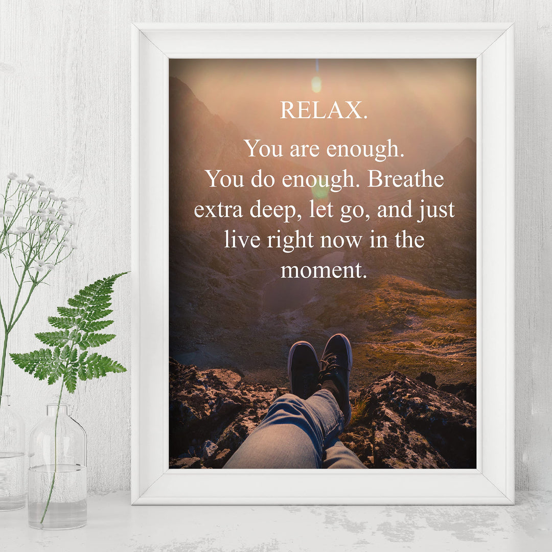 Relax-Breathe-Let Go-Live in the Moment-Spiritual Quotes Wall Art -8 x 10" Inspirational Mountain Landscape Print-Ready to Frame. Home-School-Studio-Office Decor. Great Reminder to Just Breathe!