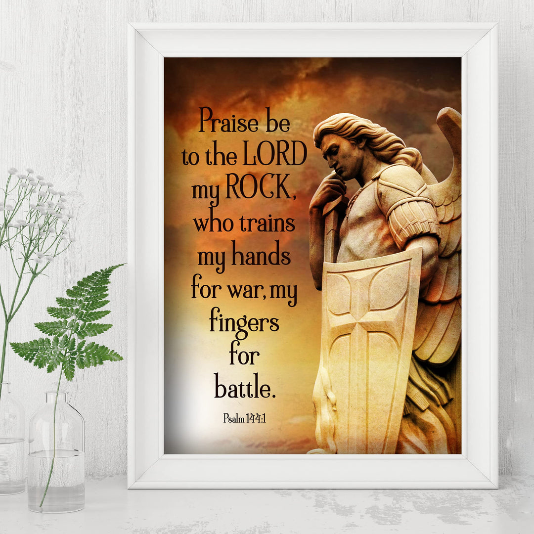 Praise Be to the Lord, My Rock-Bible Verse Wall Art-8 x 10" Scripture Print w/Angel Warrior Image-Ready to Frame. Christian Decor for Home-Office-Church. Great Religious Gift of Faith! Psalm 144:1