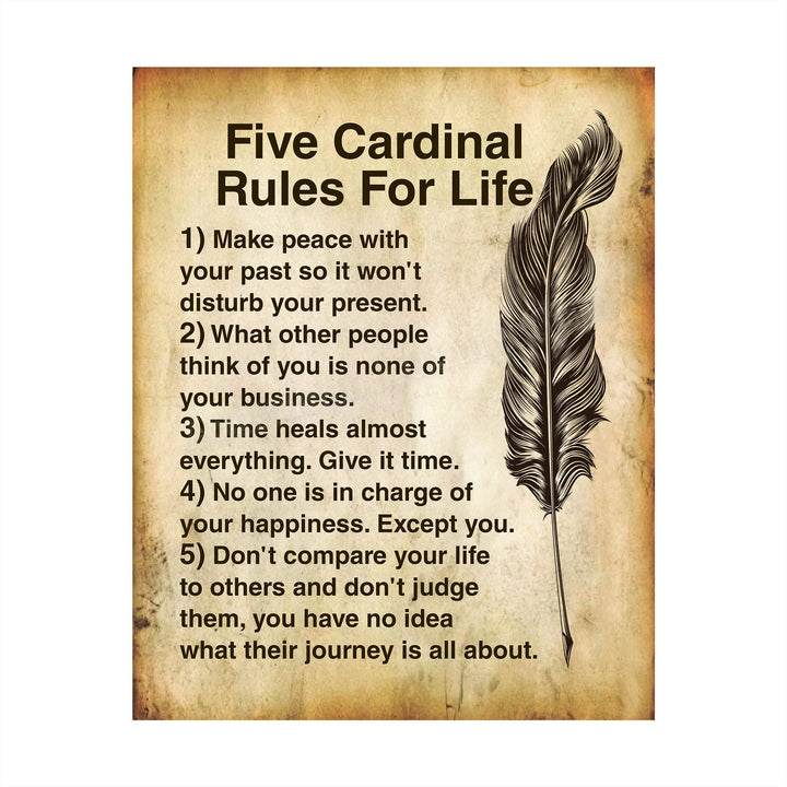 Five Cardinal Rules For Life-Inspirational Wall Art -8 x 10" Distressed Parchment Print-Ready to Frame. Motivational Decor For Home-Office-School. Great Reminders To Find Happiness &amp; Inspiration!