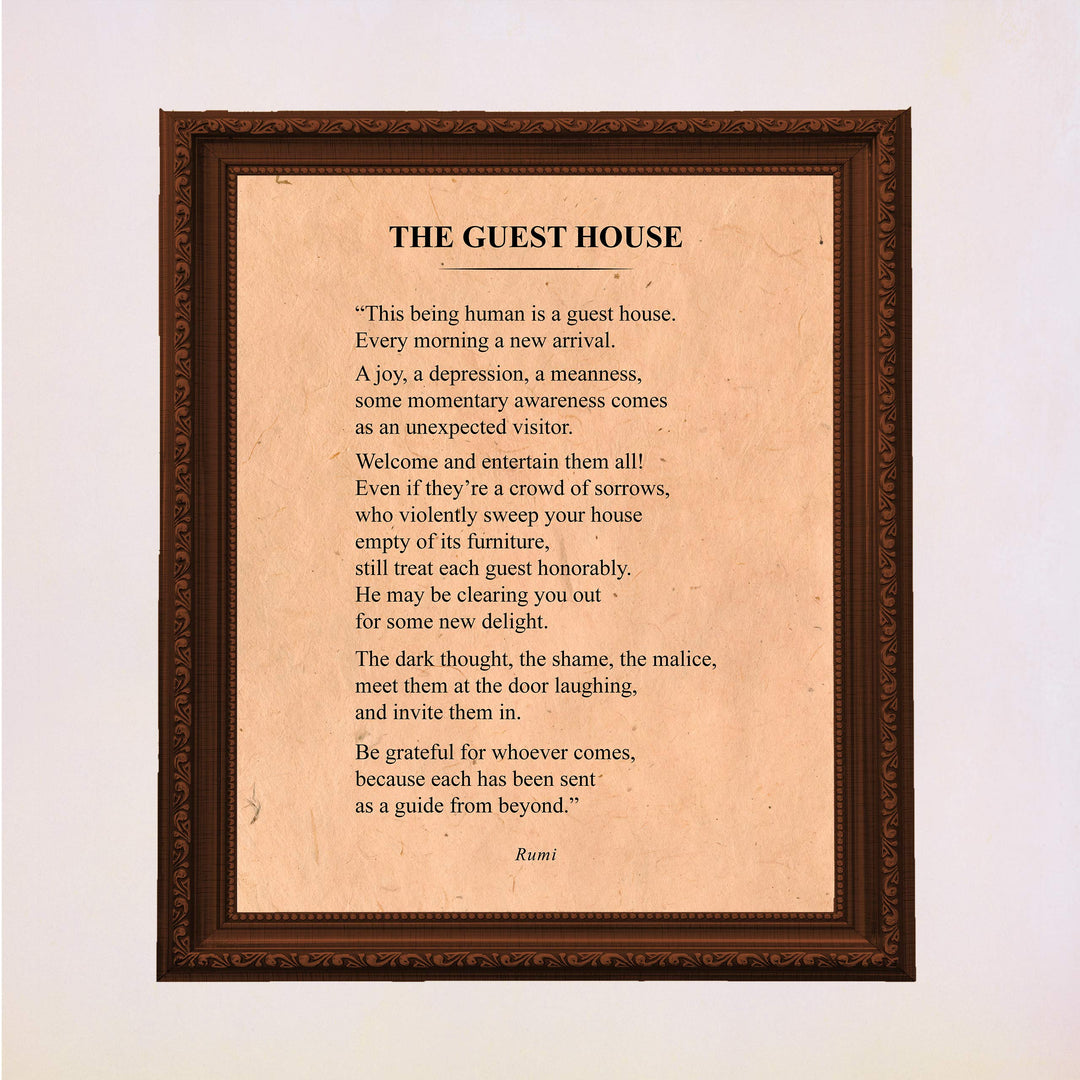 The Guest House-Be Grateful for Whoever Comes-Rumi Book Page Print-11 x 14" Literary Wall Art Quotes w/Replica Distressed Parchment Design-Ready To Frame. Inspirational Home-Office-Spiritual Decor!