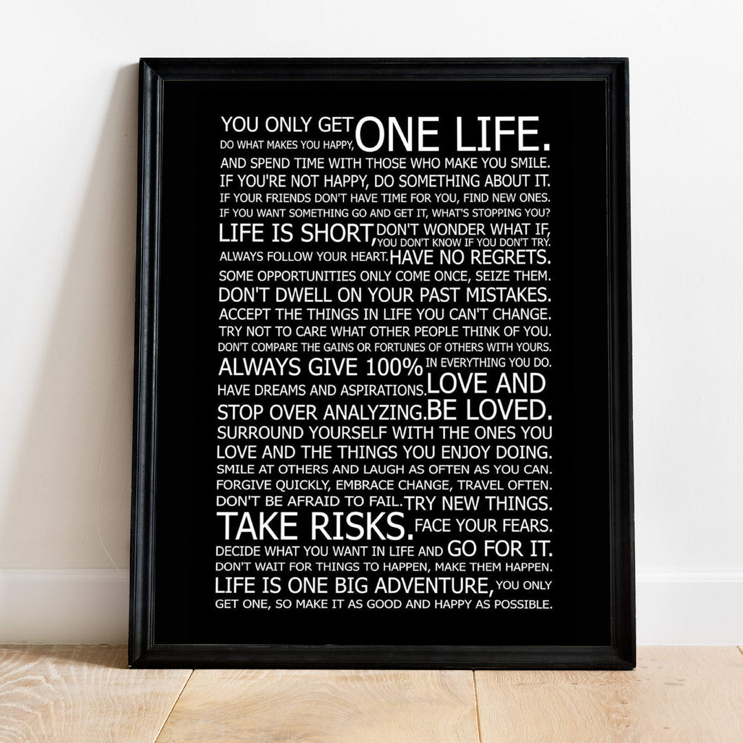 You Only Get One Life-Rules For Happy Life-Poster Print. 11 x 14" Wall Art Decor-Ready to Frame. Modern Typographic Decor For Home-Office-School. Great Reminders To Find Happiness &amp; Inspiration!