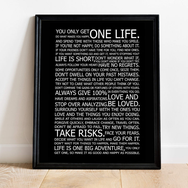 You Only Get One Life-Rules For Happy Life-Poster Print. 11 x 14" Wall Art Decor-Ready to Frame. Modern Typographic Decor For Home-Office-School. Great Reminders To Find Happiness &amp; Inspiration!