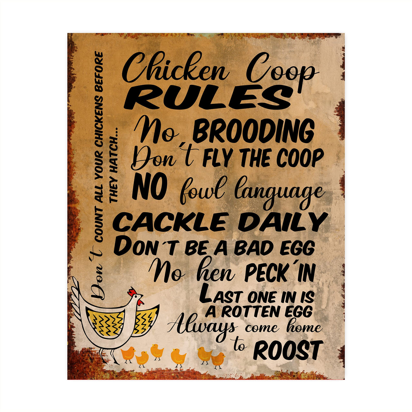 Chicken Coop Rules-Cackle Daily-Funny Farmhouse Wall Sign -8 x 10" Rustic Chicken Art Print-Ready to Frame. Retro Country Decor for Home-Kitchen-Farm-Patio. Great Gift! Printed on Photo Paper.