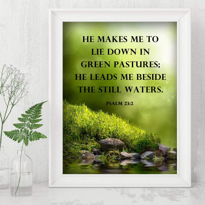 He Leads Me Beside the Still Waters-Psalms 23:2- Bible Verse Wall Art -8 x 10 Scripture Wall Print- Ready to Frame. Religious Home-Office-Sunday School Decor. Great Christian Gift of Faith!