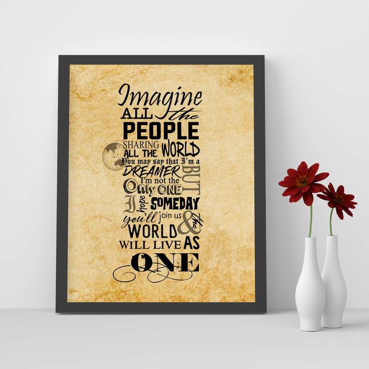 Imagine All the People-Sharing All the World-Song Lyrics Wall Art-8 x 10" Typographic Art Print-Ready to Frame. Modern Home-Office-Studio Decor. Perfect Gift for John Lennon &amp; All Beatles Fans!