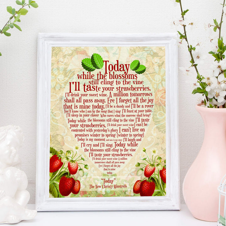 The New Christy Minstrels-"Today" Song Lyric Wall Art-11 x 14" Rustic Music Print-Ready to Frame. Typographic Strawberries Design. Home-Studio-Bar-Cave Decor. Great Gift for All Folk Music Fans!
