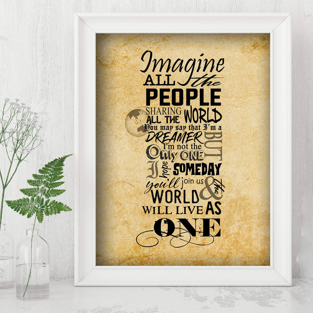 Imagine All the People-Sharing All the World-Song Lyrics Wall Art-8 x 10" Typographic Art Print-Ready to Frame. Modern Home-Office-Studio Decor. Perfect Gift for John Lennon &amp; All Beatles Fans!
