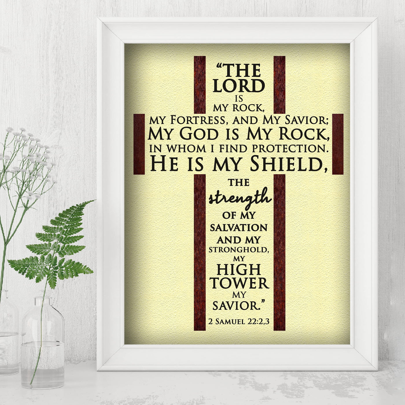 The Lord Is My Rock, My Savior-Bible Verse Wall Art -8 x 10" Rugged Cross Word Art -Scripture Wall Print-Ready to Frame. Home-Office-Church-Religious Decor. 2 Samuel 22:2-3. Perfect Christian Gift!