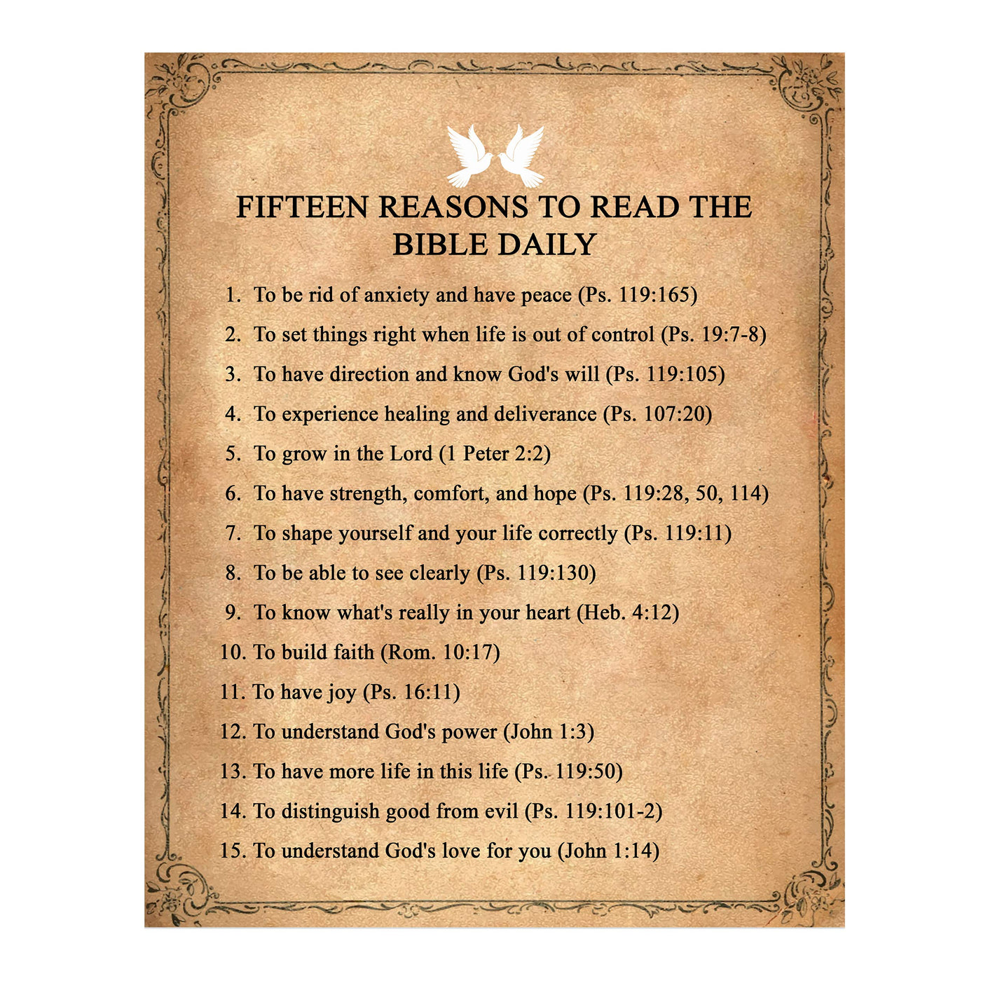 Fifteen Reasons to Read the Bible Daily-Bible Verse Wall Art-11 x 14" Scripture Wall Print-Ready to Frame. Inspirational Christian Home-Office-Church Decor. Perfect Sunday School-Classroom Decor!