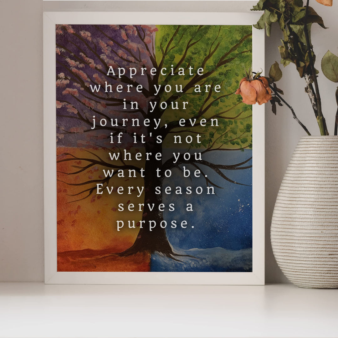 Appreciate Where You Are In Your Journey Inspirational Quotes Wall Art -8 x 10" Motivational Four Seasons Tree Print -Ready to Frame. Home-Office-School-Library Decor. Great Gift for Inspiration!