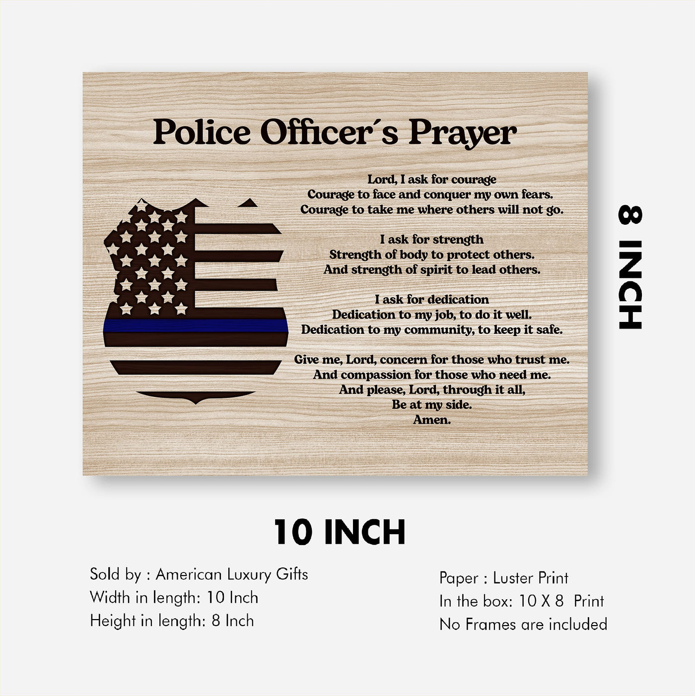 Police Officer's Prayer Rustic Inspirational Wall Art-10x8" Motivational Thin Blue Line Print-Ready to Frame. Home-Office-Garage-Cave Decor. Great Gift for Law Enforcement! Printed on Photo Paper.