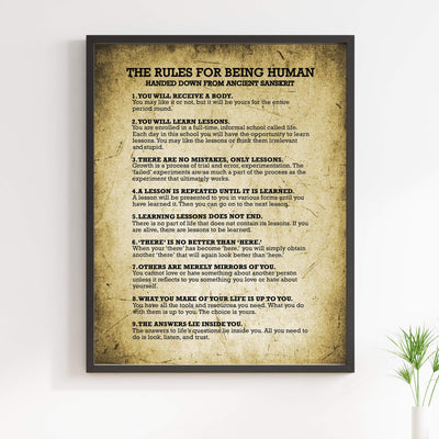 The Rules for Being Human Motivational Quotes Wall Sign-11 x 14" Inspirational Distressed Poster Print-Ready to Frame. Positive Home-Office-School-Studio Decor. Perfect Life Lessons for All!