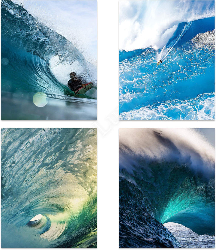 Surfing Lovers Monster Wave Set- 4 Piece Art Image Set of 8 x 10 Prints Ready to Frame. Modern Home D?cor, Office D?cor &amp; Wall Prints for Beach, Ocean and Surfing Themed Decor. Makes a Perfect Gift!