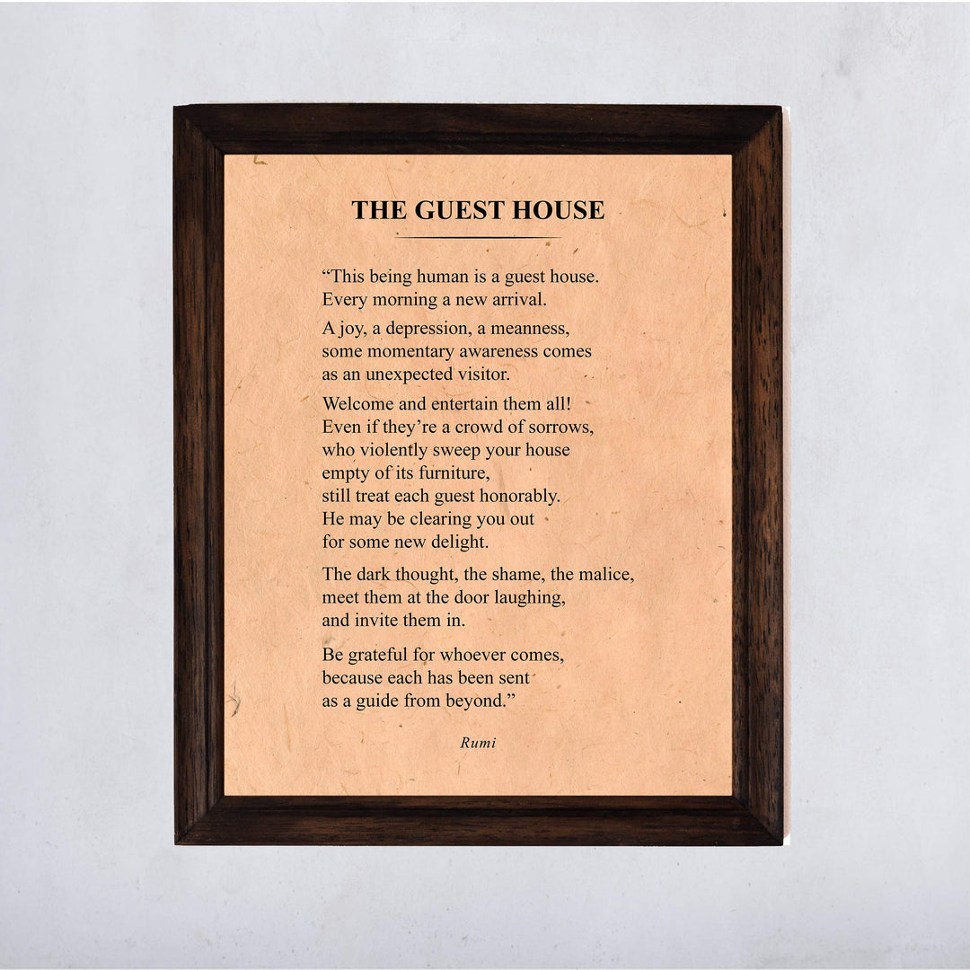 The Guest House-Be Grateful for Whoever Comes-Rumi Book Page Print-11 x 14" Literary Wall Art Quotes w/Replica Distressed Parchment Design-Ready To Frame. Inspirational Home-Office-Spiritual Decor!
