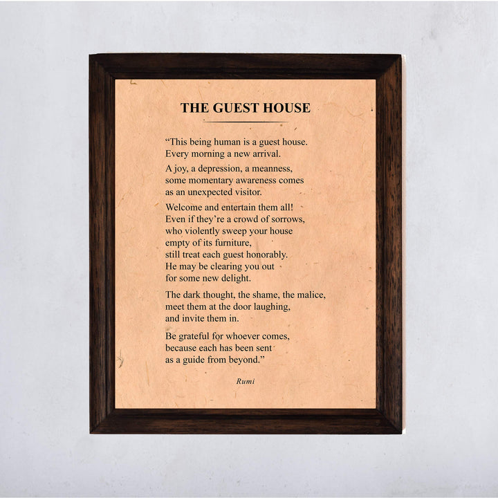 The Guest House-Be Grateful for Whoever Comes-Rumi Book Page Print-11 x 14" Literary Wall Art Quotes w/Replica Distressed Parchment Design-Ready To Frame. Inspirational Home-Office-Spiritual Decor!