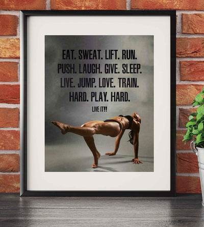 Eat. Sweat. Lift. Run-Train. Hard. Play. Hard-Motivational Exercise Sign- 8 x 10" Wall Print- Ready to Frame. Modern Fitness Poster Print for Home-Office-Gym-Studio Decor. Great Gift of Motivation!