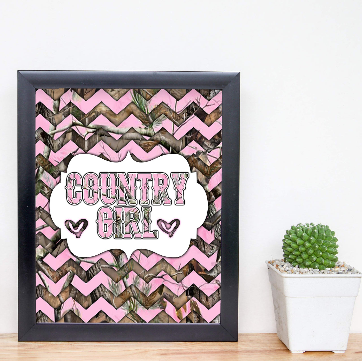 Country Girl -Rustic Inspirational Wall Art Sign -8 x 10" Western Chevron Pink Camo Print -Ready to Frame. Chic Decoration for Home-Office-Farmhouse-Dorm Decor. Cute Gift for All Southern Girls!