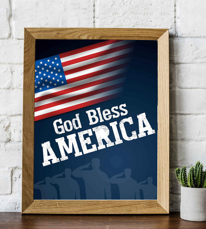 God Bless America-8 x 10" Patriotic Wall Decor-Ready To Frame. Typographic Poster Print w/American Flag &amp; Silhouette of Troops. Ideal Art Decor for Home-Office-Garage-Cave. Display Your Patriotism!