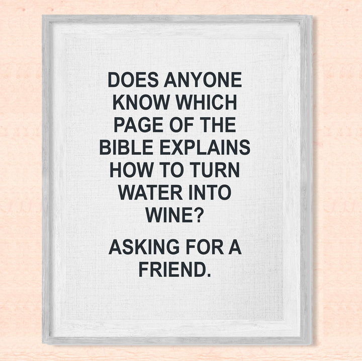 Which Page in Bible Explains How to Turn Water Into Wine -Funny Wine Sign -8 x 10" Modern Typographic Wall Art Print-Ready to Frame. Humorous Decor for Home-Kitchen-Dining-Bar-Cave. Great Gift!