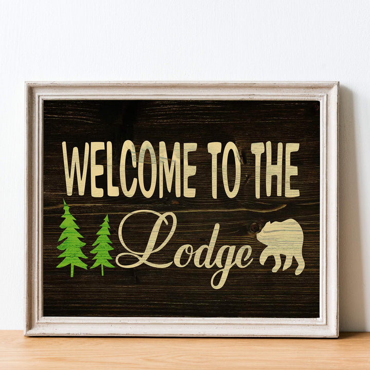 Welcome to the Lodge-Rustic Wall Decor Print- 14 x 11" Outdoors Themed Print w/Bear Silhouette-Ready to Frame. Replica Distressed Wood Design for Home-Cabin-Deck-Lodge-Lake. Printed on Photo Paper.