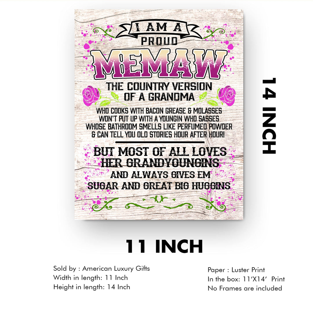 Proud Memaw-Country Version of Grandma Rustic Floral Wall Art -11 x 14" Decorative Farmhouse Print-Ready to Frame. Funny Home-Office-Welcome Decor. Great Gift for Grandmas! Printed on Photo Paper.
