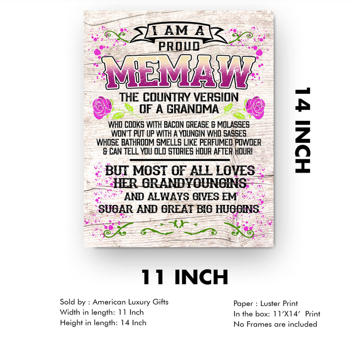 Proud Memaw-Country Version of Grandma Rustic Floral Wall Art -11 x 14" Decorative Farmhouse Print-Ready to Frame. Funny Home-Office-Welcome Decor. Great Gift for Grandmas! Printed on Photo Paper.