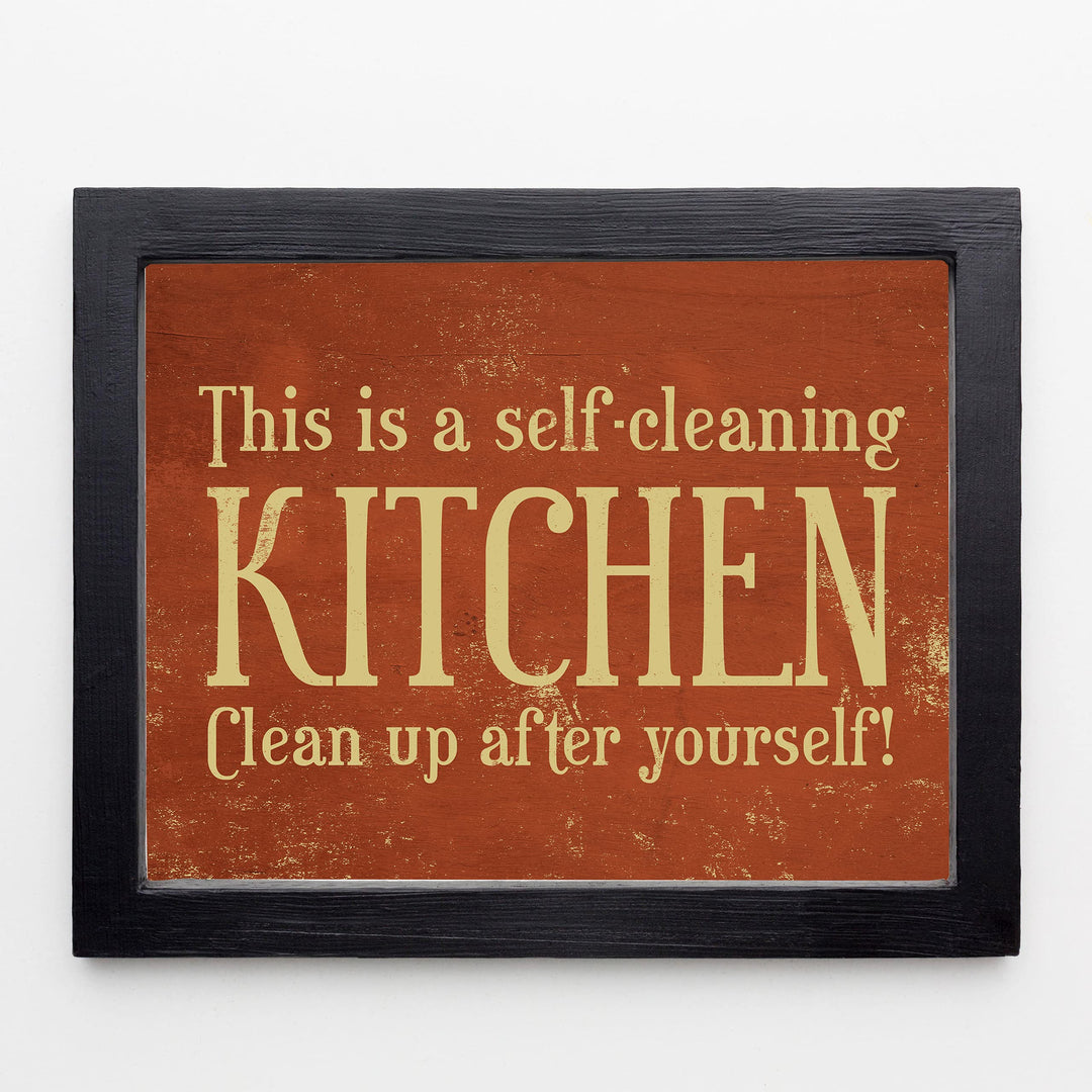 This Is a Self-Cleaning Kitchen Funny Rustic Wall Sign -10x8" Country Farmhouse Art Print w/Replica Wood Design-Ready to Frame. Humorous Home-Kitchen-Office Decor. Fun Gift! Printed on Photo Paper.