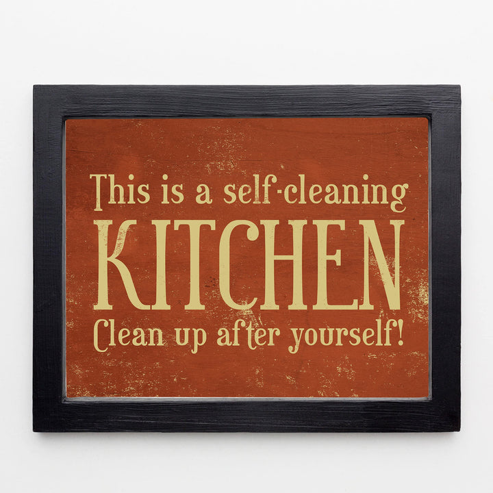 This Is a Self-Cleaning Kitchen Funny Rustic Wall Sign -10x8" Country Farmhouse Art Print w/Replica Wood Design-Ready to Frame. Humorous Home-Kitchen-Office Decor. Fun Gift! Printed on Photo Paper.