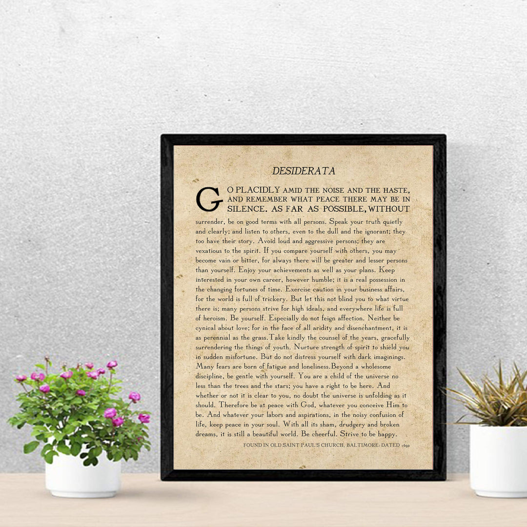 Desiderata by Max Ehrmann"- Poetry Wall Art- 11 x 14" Wall Print Decor. Original Poem on Distressed Parchment Print-Ready To Frame. Antique Home-Office-Library Decor. Great Art Gift for Poetry Fans.