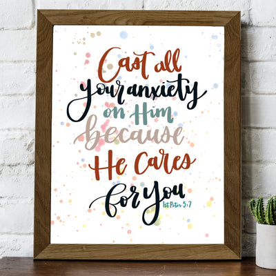 Cast All Your Anxiety On Him Bible Verse Wall Art Decor -8 x 10" Inspirational Christian Scripture Print -Ready to Frame. Religious Decoration for Home-Office-Church-School Decor. 1 Peter 5:7.