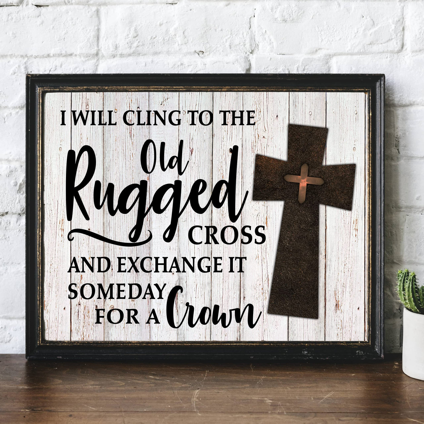 I Will Cling to the Old Rugged Cross Praise Hymns Wall Art -14 x 11" Christian Worship Music Cross Print w/Replica Wood Design-Ready to Frame. Classic Hymn for Home-Office-Studio-Church Decor!