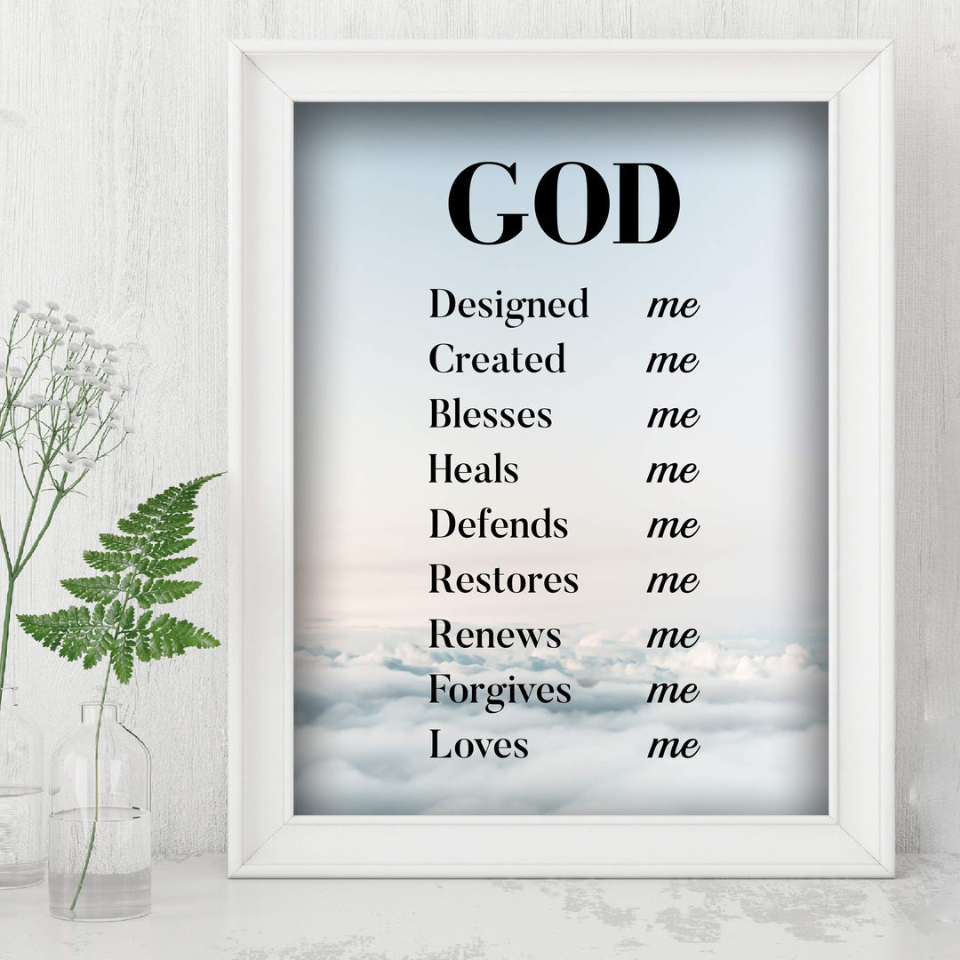 God Created-Blesses-Restores-Loves Me-Spiritual Wall Art-8 x 10" Modern Typographic Poster Print-Ready to Frame. Inspirational Home-Office-Church D?cor. Great Christian Gift of God&