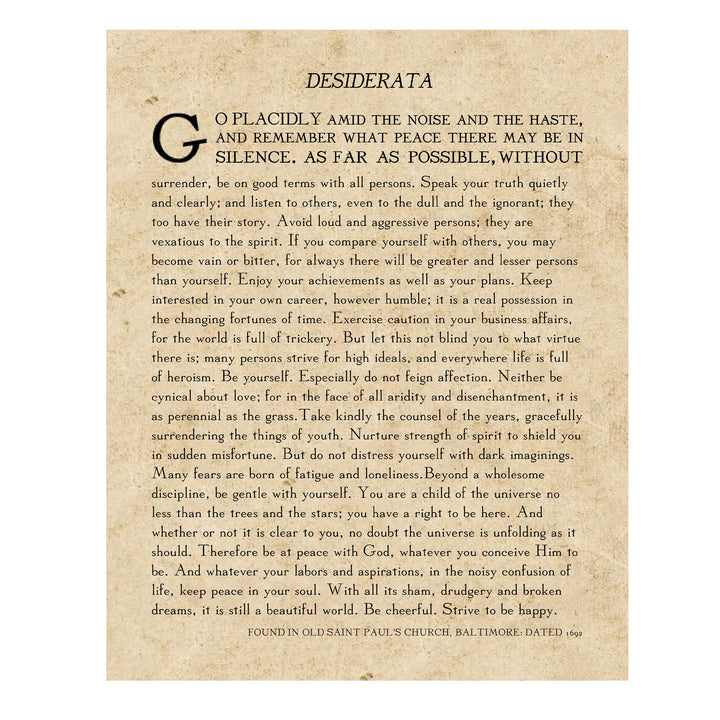 Desiderata by Max Ehrmann"- Poetry Wall Art- 11 x 14" Wall Print Decor. Original Poem on Distressed Parchment Print-Ready To Frame. Antique Home-Office-Library Decor. Great Art Gift for Poetry Fans.