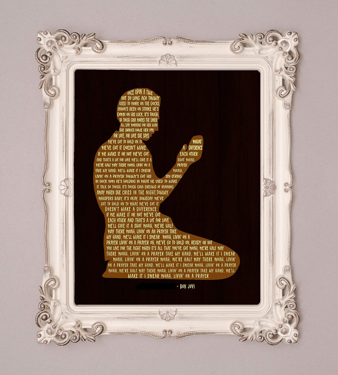 Bon Jovi-"Living on a Prayer" Song Lyrics Wall Art- 8 x 10" Silhouette Music Poster Print-Ready To Frame. Home-Office-Studio-Cave Decor. Great Anniversary Gift. Perfect for Bon Jovi &amp; All Rock Fans!