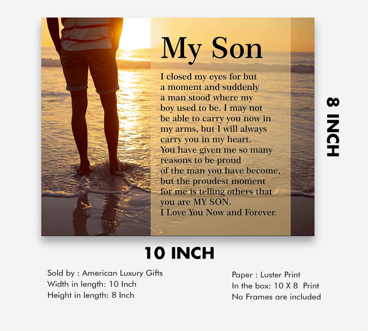 My Son-Love You Now &amp; Forever Inspirational Family Wall Art -10 x 8" Modern Typographic Beach Sunset Print-Ready to Frame. Loving, Heartfelt Message for All Sons. Great Wedding-Graduation Gift!