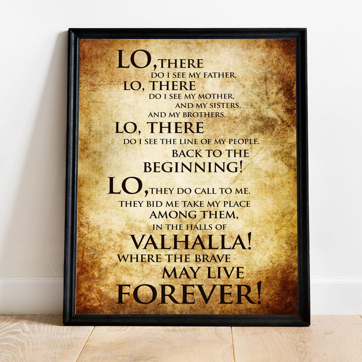 Valhalla-Where the Brave May Live Forever Viking Song Art Wall Sign -11 x 14" Rustic, Old World Art Print-Ready to Frame. Nordic Spiritual Sign for Home-Office-Bar-Man Cave-Pub Decor. Great Gift!