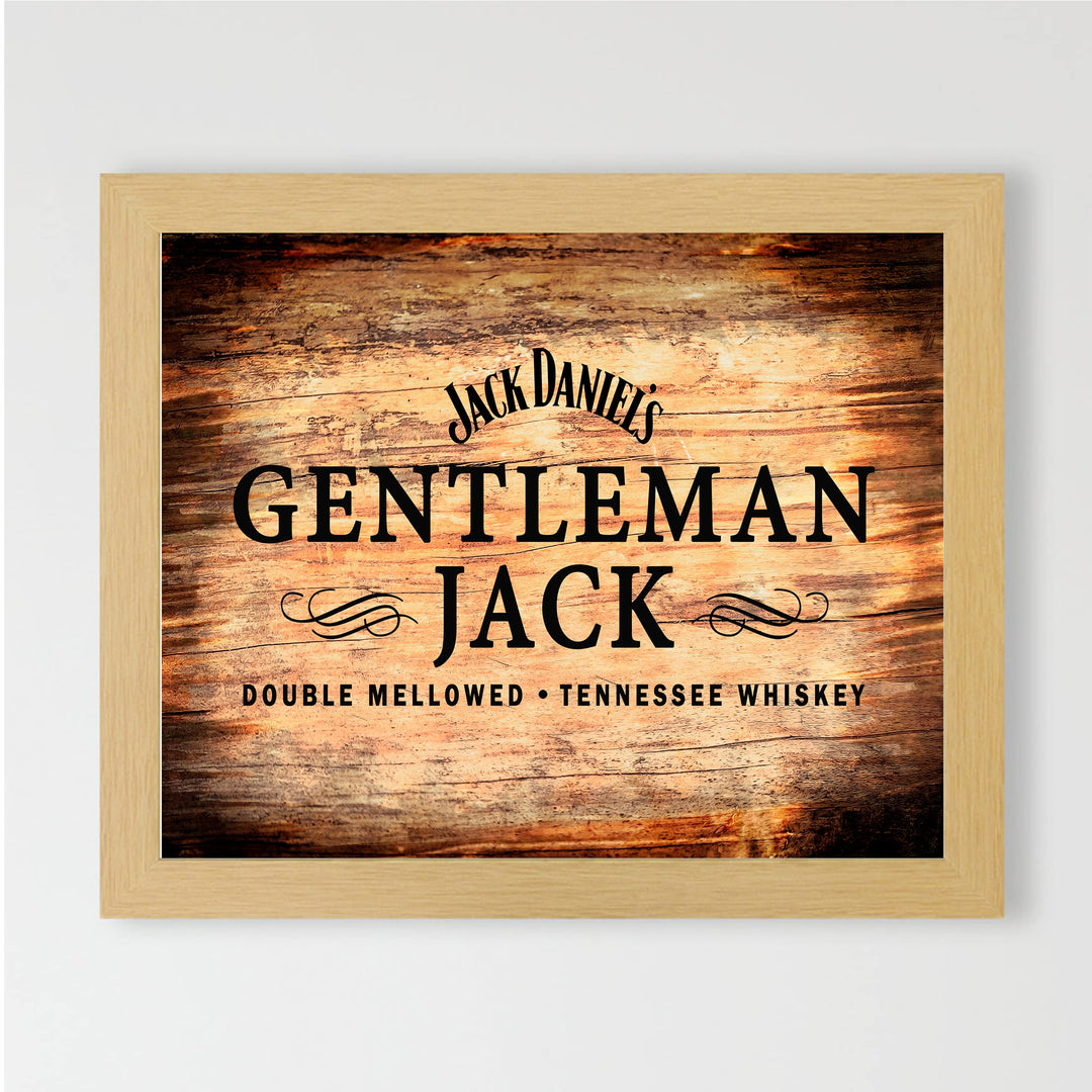 "Gentleman Jack"- Tennessee Bourbon Whiskey Wall Art - Rustic Wood Design Alcohol Print -Ready to Frame. Home-Kitchen-Bar-Man Cave Decor. Great Gift for All Liquor Drinkers!