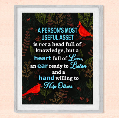 A Person's Most Useful Asset Inspirational Quotes Wall Art -8 x 10" Abstract Floral Print w/Cardinal Birds-Ready to Frame. Positive Home-Office-School-Dorm Decor. Great Motivational Gift!