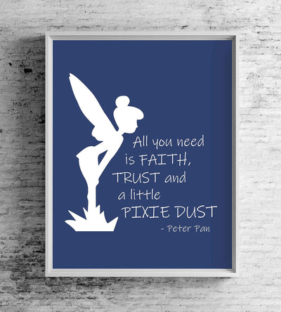 Peter Pan Quotes-"All You Need Is Faith-Trust-Pixie Dust"-8 x 10" Wall Art Print-Ready to Frame. Typographic Print with Fairy Silhouette Image. Inspirational Home-Bedroom-Play Room-Nursery Decor!