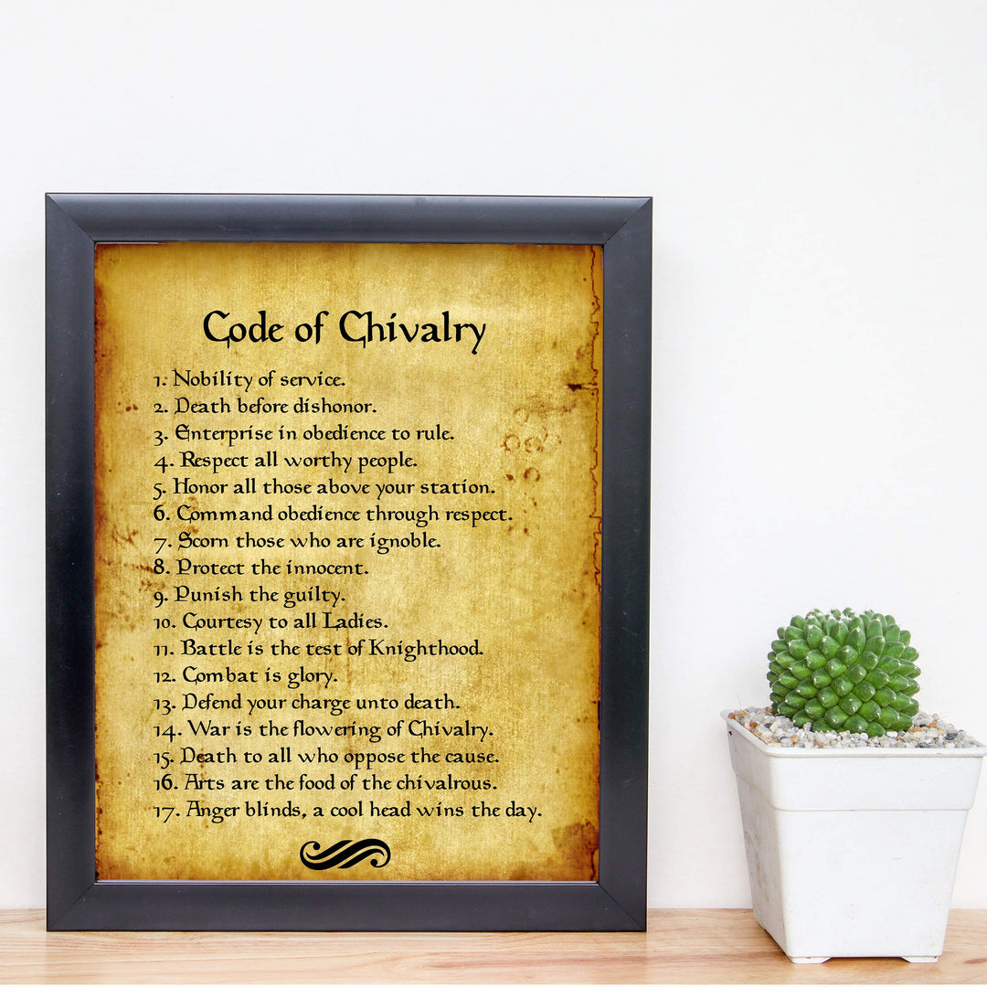 Code of Chivalry Motivational Wall Art for Men -8 x 10" Typographic Poster Print-Ready to Frame. Distressed Parchment Design. Home-Office-Man Cave-School Decor. Great Advice for All Gentlemen!