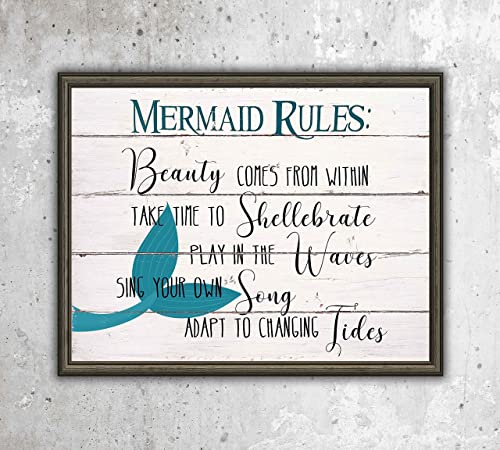 "Mermaid Rules" Inspirational Beach Wall Decor Print-Ready to Frame. -10x8"