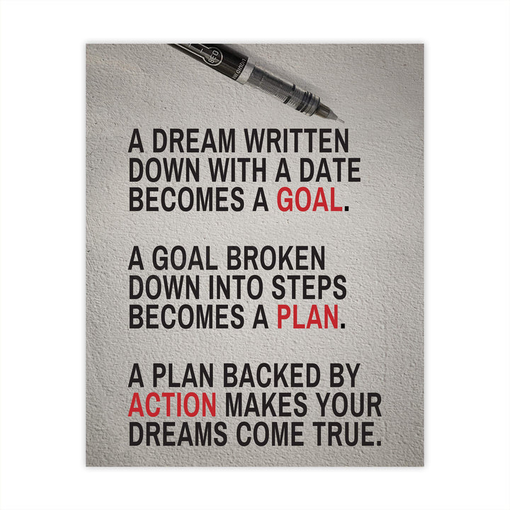 A Dream Written Down Becomes a Goal-Motivational Quotes Wall Decor -8 x 10" Typographic Art Print-Ready to Frame. Home-Office-Classroom-Dorm-Gym Decor. Perfect Desk Sign! Great Inspirational Gift!