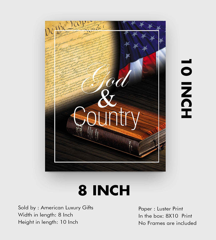 God and Country- 8 x 10" Wall Decor Image-Ready To Frame. Pro-American Poster Print with Flag-Bible-Constitution. Patriotic Decor for Home-Office-Garage-Bar. Show Your Love of God and USA!