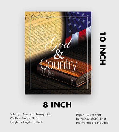 God and Country- 8 x 10" Wall Decor Image-Ready To Frame. Pro-American Poster Print with Flag-Bible-Constitution. Patriotic Decor for Home-Office-Garage-Bar. Show Your Love of God and USA!